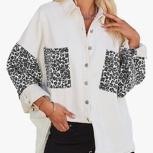 White Contrast Leopard Denim Jacket